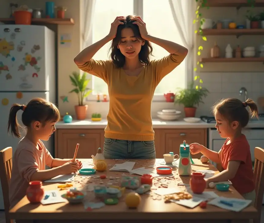 A mother experiencing emotional overwhelm stands in a bright, cluttered kitchen with her hands on her head, while her two children work on crafts at the table.